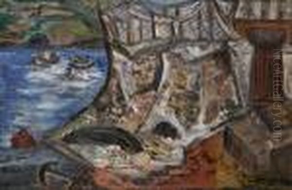 Drying Nets - The Harbour Wall Youghal Oil Painting by Evie Sydney Hone