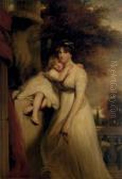 Portrait Of Lady Mildmay, 
Standing Three-quarter-length, In A White Dress, With Her Child, A 
Landscape Beyond Oil Painting by John Hoppner