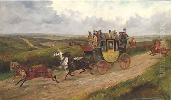 The London to Norwich coach with a hunt beyond Oil Painting by George Finch Mason