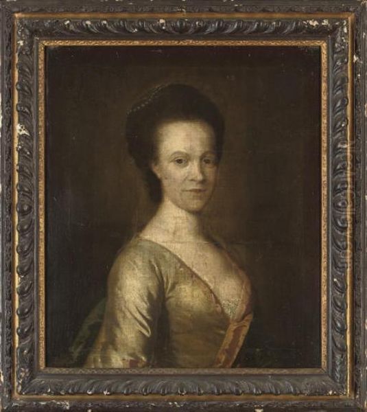 Portrait Of A Lady, Half-length,
 In An Oyster Satin Dress With Pink Trim And Pearls In Her Hair Oil Painting by Thomas Hudson