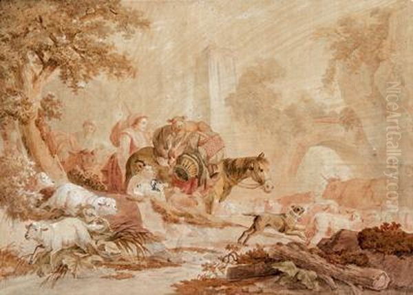 Paesaggio Con Pastori E Gregge Oil Painting by Jean-Baptiste Huet I