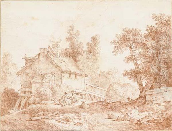 Un Paysage Avec Un Couple De Jeunes Bergers Devant Une Ferme Oil Painting by Jean-Baptiste Huet I