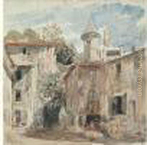 Une Cour A Vizille (isere) Oil Painting by Paul Huet