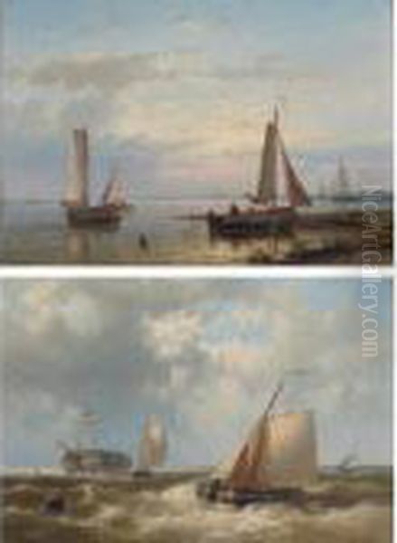A Pair Of Seascapes: Setting Sail In Calm Waters; Boats Out At Sea Oil Painting by Abraham Hulk Jun.