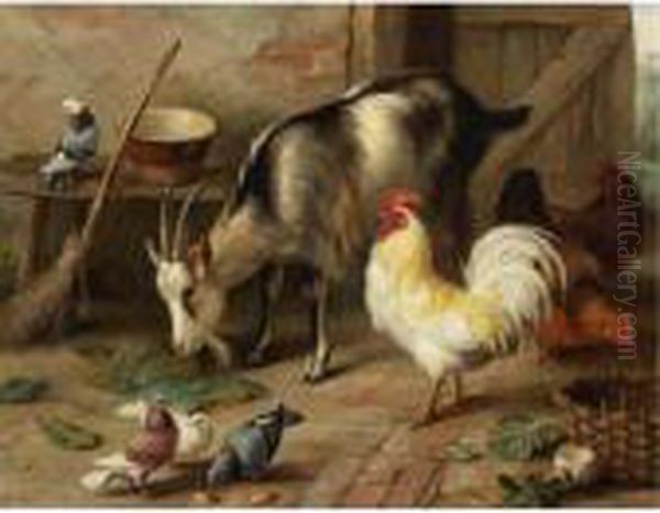 A Goat, Chicken And Doves In A Stable Oil Painting by Edgar Hunt