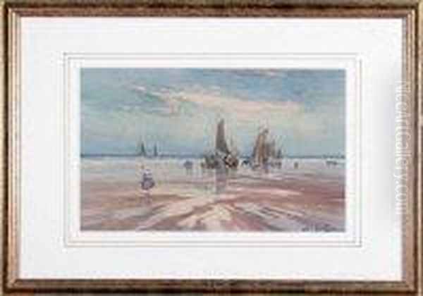 Fishing Boats And Figures On A Beach Oil Painting by Thomas Swift Hutton