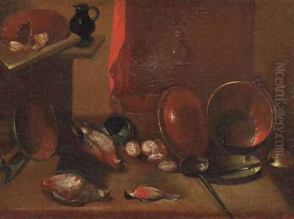 Dead songbirds, onions and kitchen utensils on a wooden table by a curtain Oil Painting by Carlo Magini