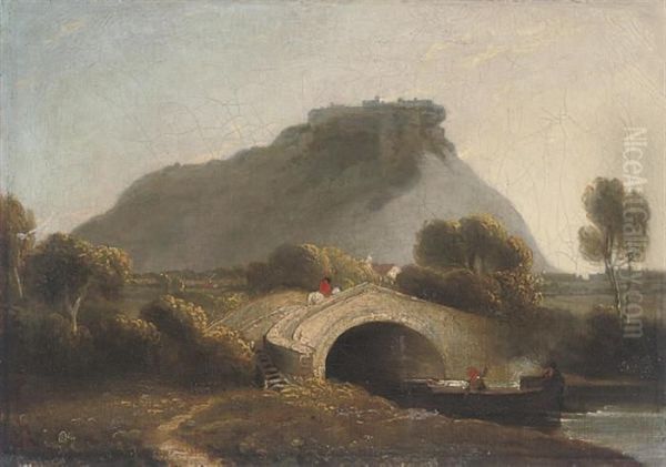 A Wooded River Landscape With A 
Figure On Horseback Crossing Abridge, A Hill With A Fort Beyond Oil Painting by Julius Caesar Ibbetson