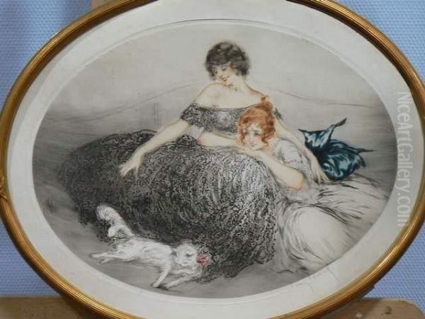 Les Deux Amies Au Chat Blanc Oil Painting by Louis Icart
