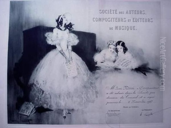 . Certificat De Reception A La 
Societe Des Auteurs, Compositeurs Et Editeurs De Musique. [elegantes 
Donnant Un Recital]. 1934 Oil Painting by Louis Icart