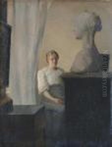 A Young Woman Contemplating A Marble Bust. Oil Painting by Peder Vilhelm Ilsted
