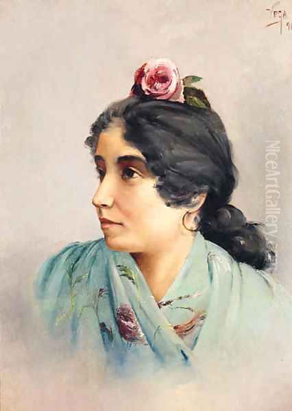 Portrait Of A Girl Oil Painting by Pedro Vega Y Munoz