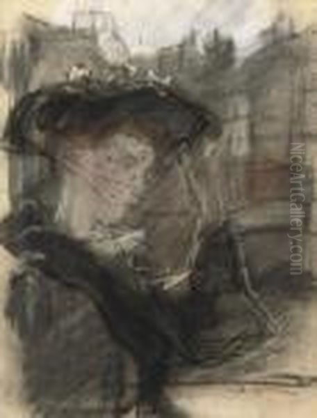 An Elegant Lady Wearing A Hat And Voile Oil Painting by Isaac Lazarus Israels