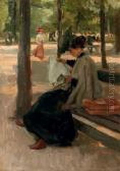 Reading In The Bois De Boulogne, Paris Oil Painting by Isaac Israels