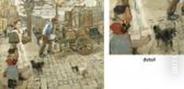 A Busy Morning On A Canal Bridge, Amsterdam Oil Painting by Isaac Israels