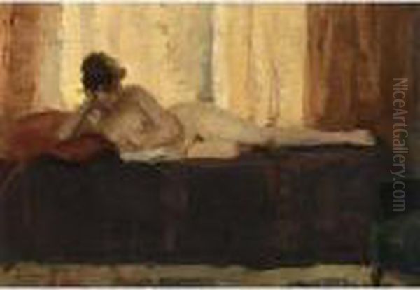 A Female Nude Reading On A Bed Oil Painting by Isaac Israels