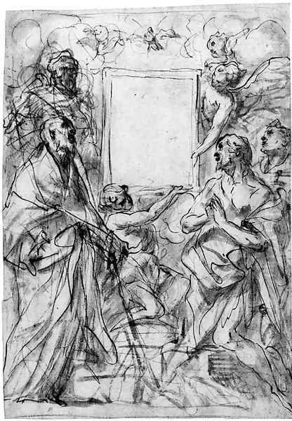 Saints surrounding the empty frame of an early icon Design for an altarpiece Oil Painting by Antonio Molinari