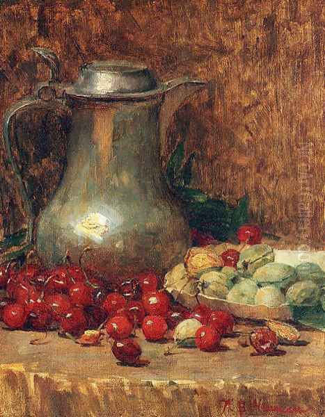 Still Life- Pewter Pitcher and Cherries 1890-1902 Oil Painting by Willie Betty Newman
