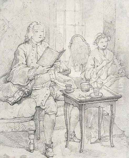 A seated gentleman reading and a seated lady embroidering in an elegant interior Oil Painting by Charles Joseph Natoire