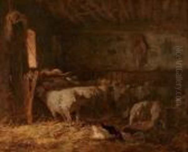Poules Et Moutons A L'etable Oil Painting by Charles Emile Jacque