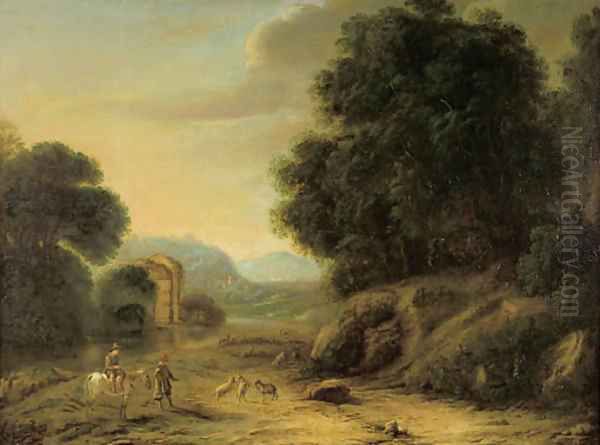Shepherds on a riverbank in a wooded landscape Oil Painting by Gilles Neyts