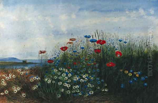 A coastal landscape with poppies, cornflowers, daisies and grasses in the foreground Oil Painting by Andrew Nicholl