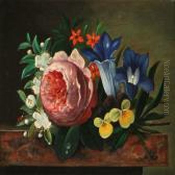 Flowers And A Ladybird On A Sill Oil Painting by I.L. Jensen