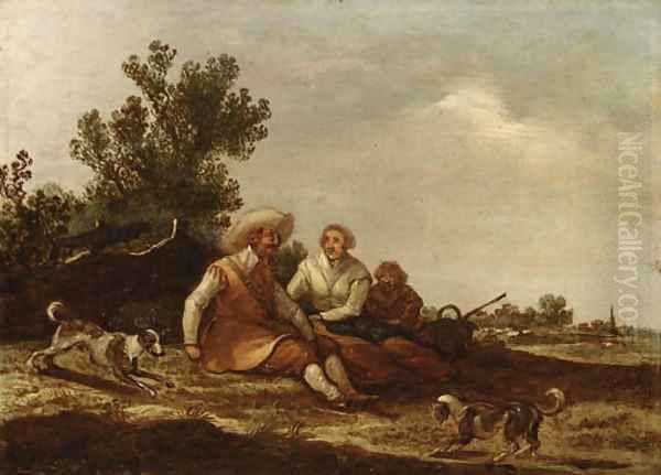 A dune landscape with travellers restingby a fence and dogs playing in the foreground, sheep in a meadow and a church spire beyond Oil Painting by Pieter de Neyn