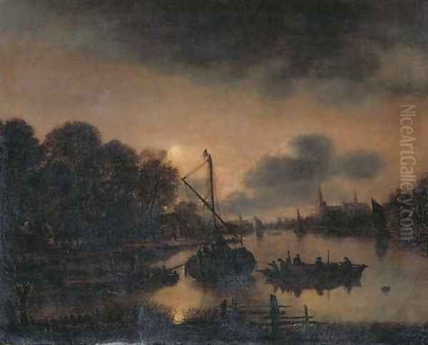 A moonlit landscape with moored vessels on a river, a village with a church beyond Oil Painting by Aert van der Neer
