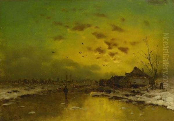 Winterliche Dorflandschaft Im Abendlicht Oil Painting by Johann Jungblutt