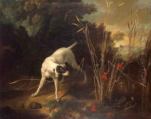 Dog Pointing a Partridge Oil Painting by Jean-Baptiste Oudry