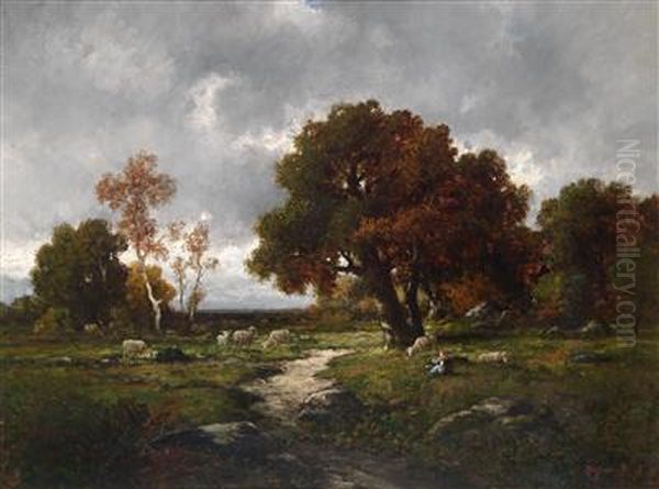 Aufziehendes Gewitteruber Einer Landschaft Mit Schafherde Und Hirtin Oil Painting by Adolf Kaufmann