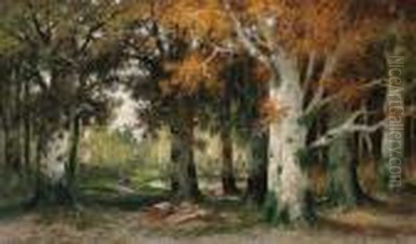 Holzarbeiter Im Herbstwald Oil Painting by Adolf Kaufmann