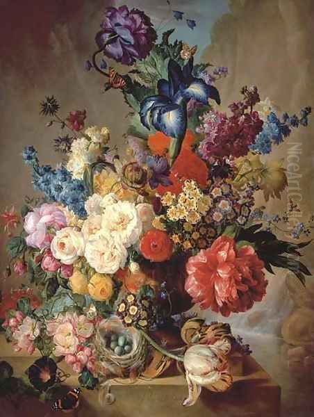 Roses, peonies, irises, hollyhocks, narcissi, blazing star, primulas, marigolds and other flowers with a Five-spot burnet moth in a vase Oil Painting by George Jacobus Johannes Van Os