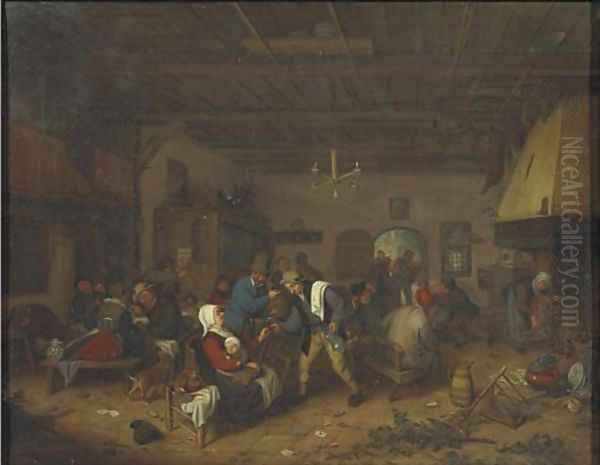 Peasants drinking and conversing in an inn Oil Painting by Adriaen Jansz. Van Ostade