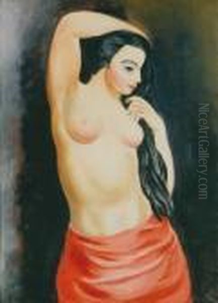 Nu A La Draperie Rouge Oil Painting by Jean Kisling