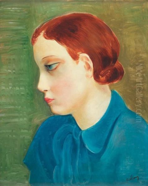 Portrait Au Corsage Bleu Oil Painting by Moise Kisling