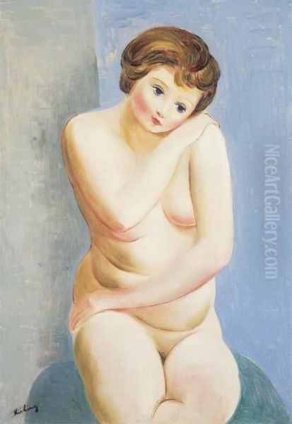 Nu Sur Fond Bleu Oil Painting by Moise Kisling