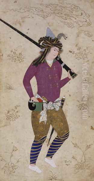 Youthful hunter with gun Oil Painting by Habibullah of Meschhed