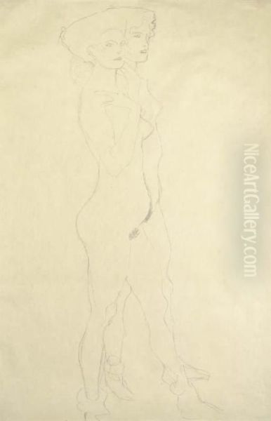 Zwei Nach Rechts Schreitende, Die Vordere Halt Die Rechte An Derschulter Oil Painting by Gustav Klimt
