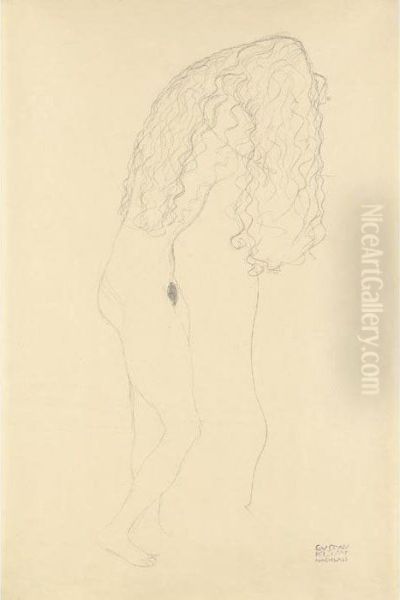 Nach Rechts Aufgestutzt 
Stehender Akt, Das Gesicht Durch Die Haare Verdeckt (standing Nude With 
Her Face Covered By Her Long Hair) Oil Painting by Gustav Klimt