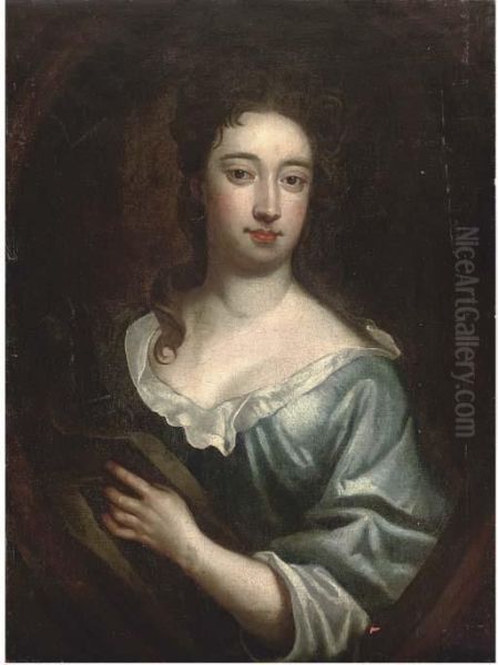 Portrait Of A Lady, Bust-length, In A Blue Dress And Brown Wrap, Feigned Oval Oil Painting by Sir Godfrey Kneller