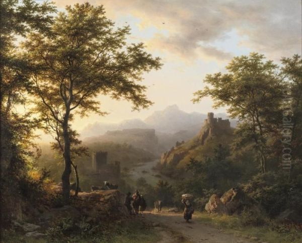 Een Bergachtig Landschap Bij Ondergaande Zon: Panoramic Landscape At Dusk Oil Painting by Barend Cornelis Koekkoek