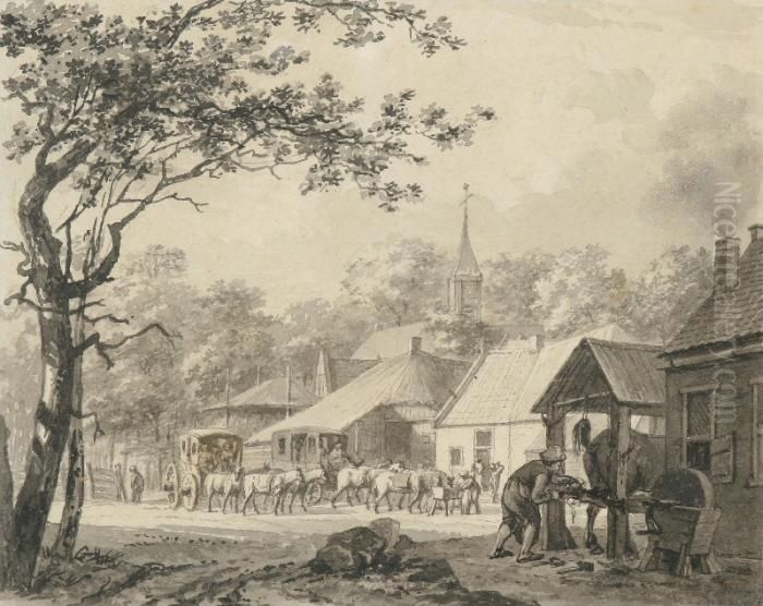 Coaches At Astage, At The Right An Old Forge With A Horse Being Shod Oil Painting by Barend Cornelis Koekkoek