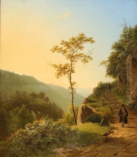 A Traveller On A Mountain Path By Sunset Oil Painting by Barend Cornelis Koekkoek