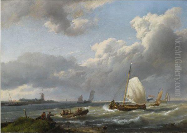 A Coastal Scene With Fishing Vessels Oil Painting by Hermanus Koekkoek