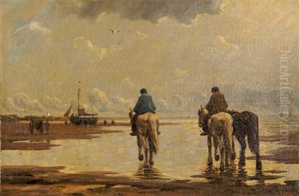 Fishing Boats And Horses On The Leacu Oil Painting by Hermanus Jr. Koekkoek
