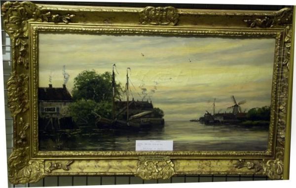 Kustlandskap Med Fartyg Och Vaderkvarn. Oil Painting by Hermanus Jr. Koekkoek