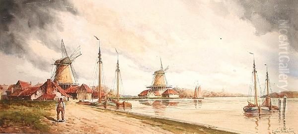 Windmills In A River Landscape Oil Painting by Hermanus Jr. Koekkoek