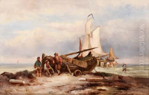 Kustlandskap Med Fiskare Oil Painting by Johannes Hermann Barend Koekkoek